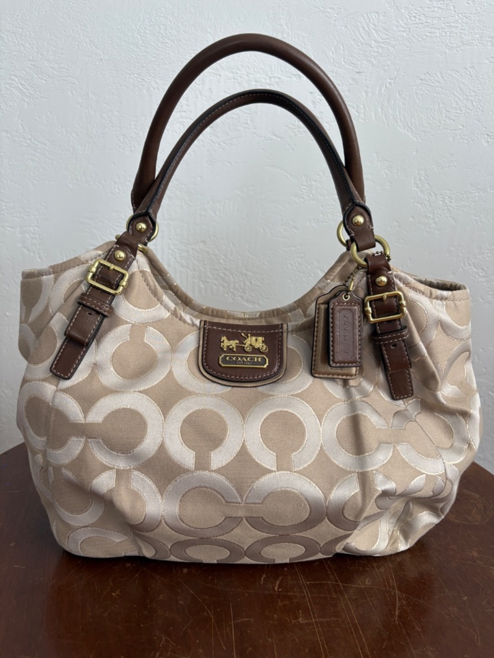 Coach Beige Madison Abigail Op Art Shoulder Bag with Brown Leather Trim (18639)